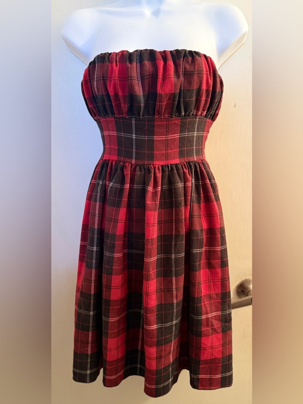 Red & Black Plaid Strapless Skater Dress | Tie Back